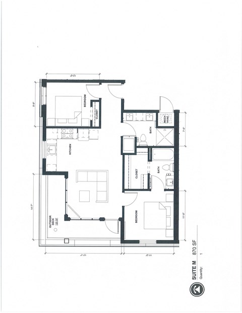Floor plan for 2 beds, 1.8 baths, 870 sqft